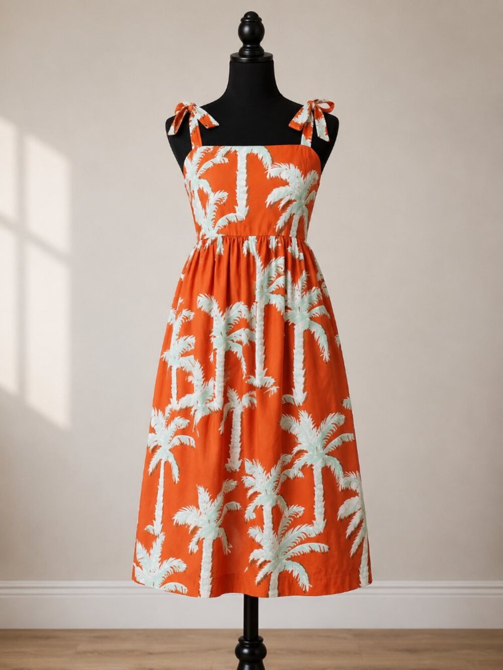 NWT Oliphant Cotton Poplin Midi Dress  Brown/Rust Palm Tree Tie-Strap M